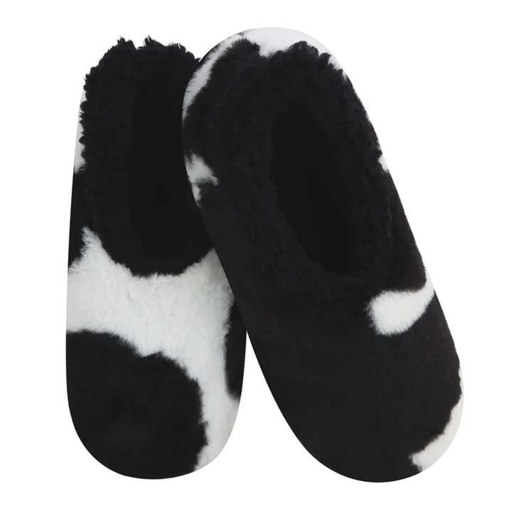 Snoozies Women Cow Print Sherpa‎ Lined Slippers Black White Anti-Skid 7/8 NWT